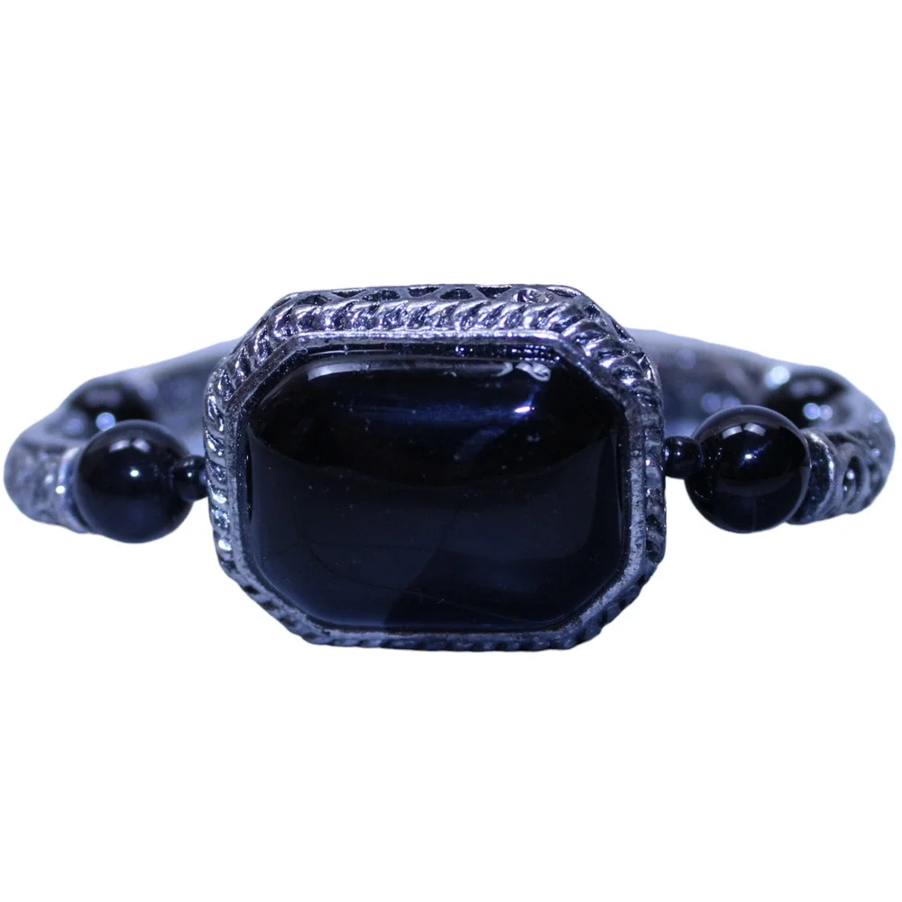 Stretch Bracelet Silver Tone Black Glass Cabochon Fashion Expansion